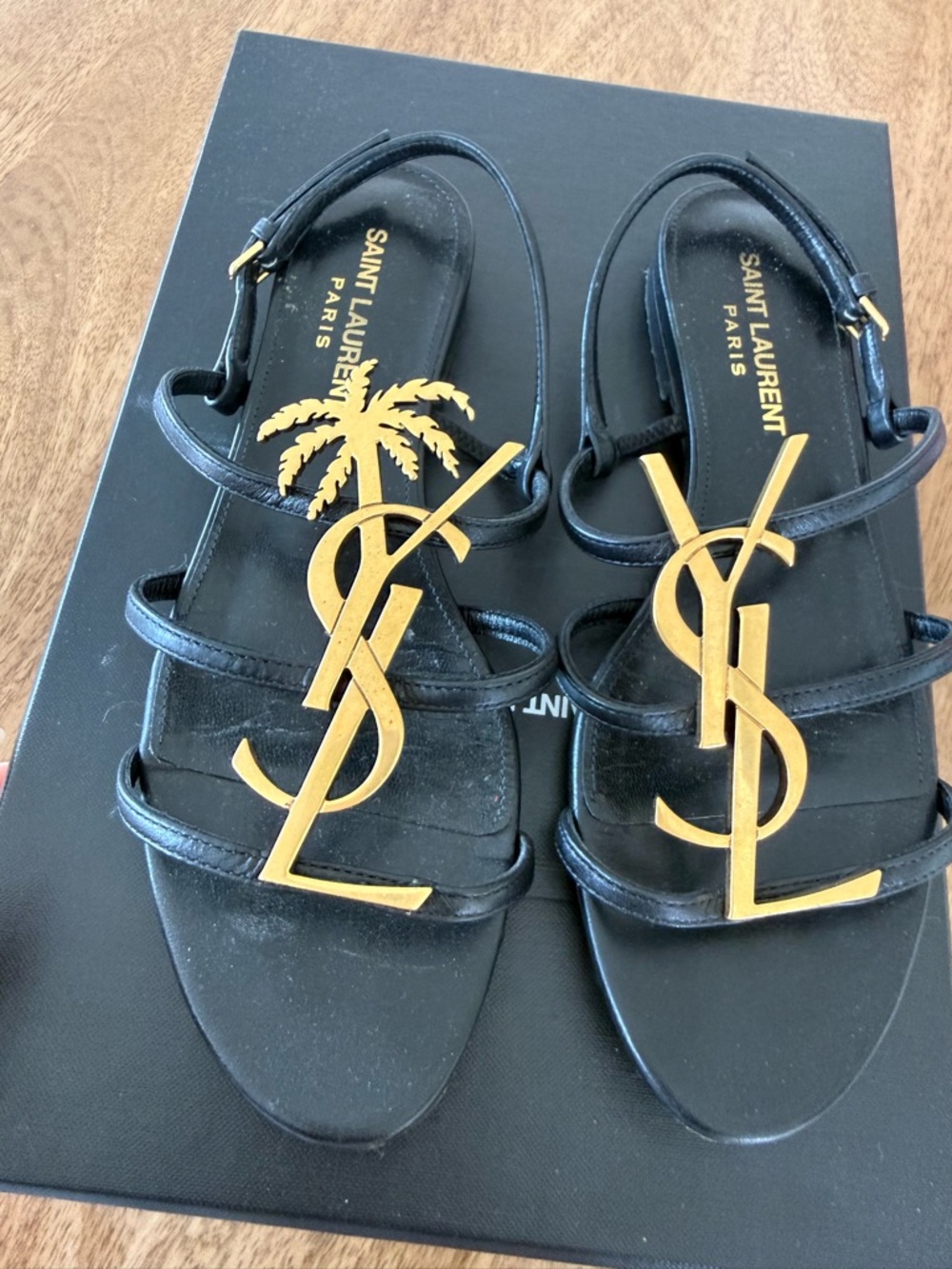 Saint Laurent Black Leather Sandals with Gold YSL Monogram